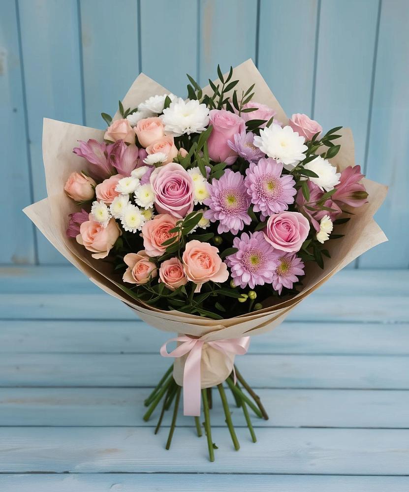 Букет цветов из: Хризантемы, Розы и Альстромерии в Елизаветинской Краснодарского края