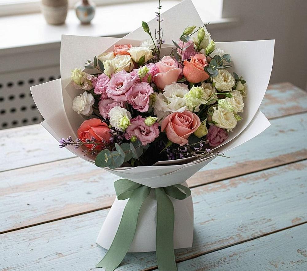 Букет цветов из: Розы, Лизиантусы и Гвоздики в Елизаветинской Краснодарского края