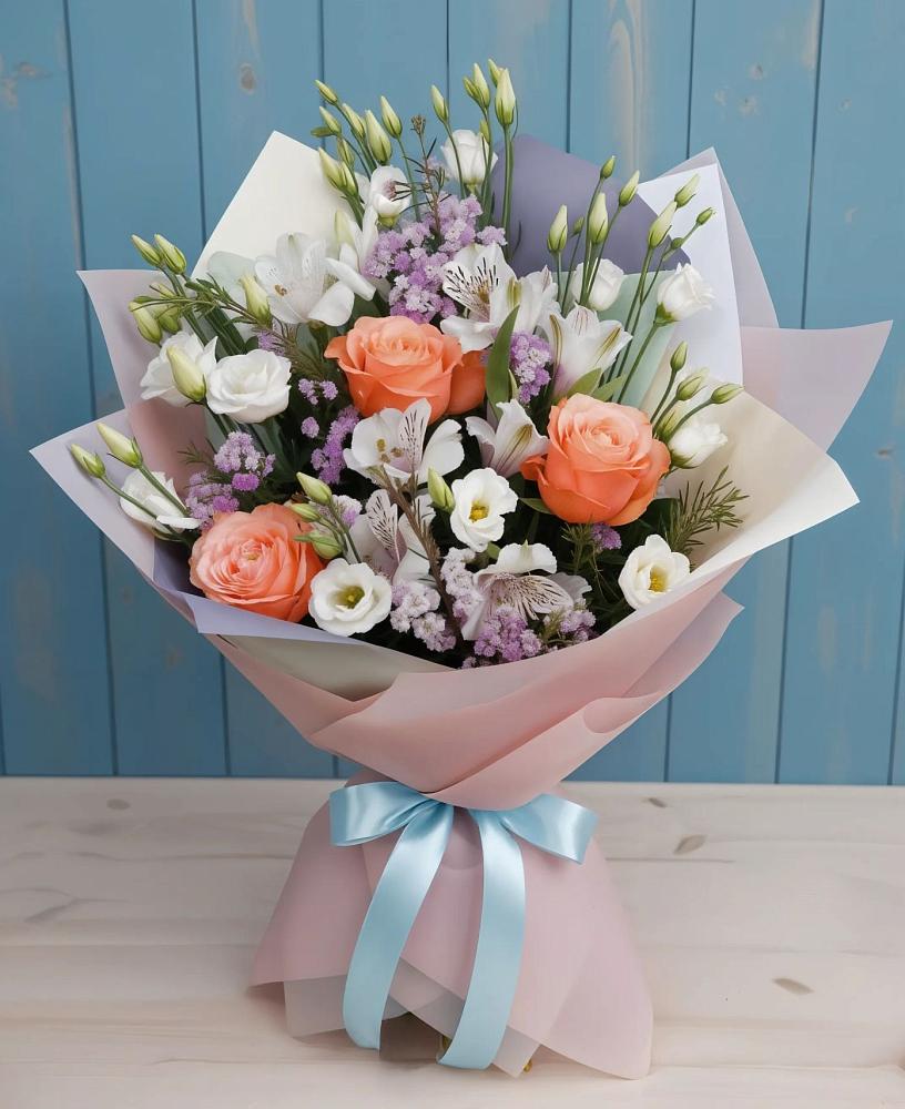 Букет цветов из: Лизиантусы, Розы, Альстромерии и Гипсофила в Елизаветинской Краснодарского края