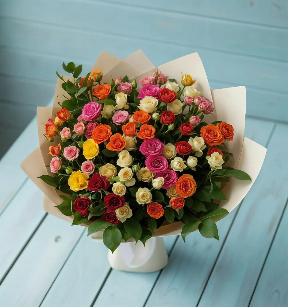 Букет Микс из разноцветных кустовых роз в Елизаветинской Краснодарского края