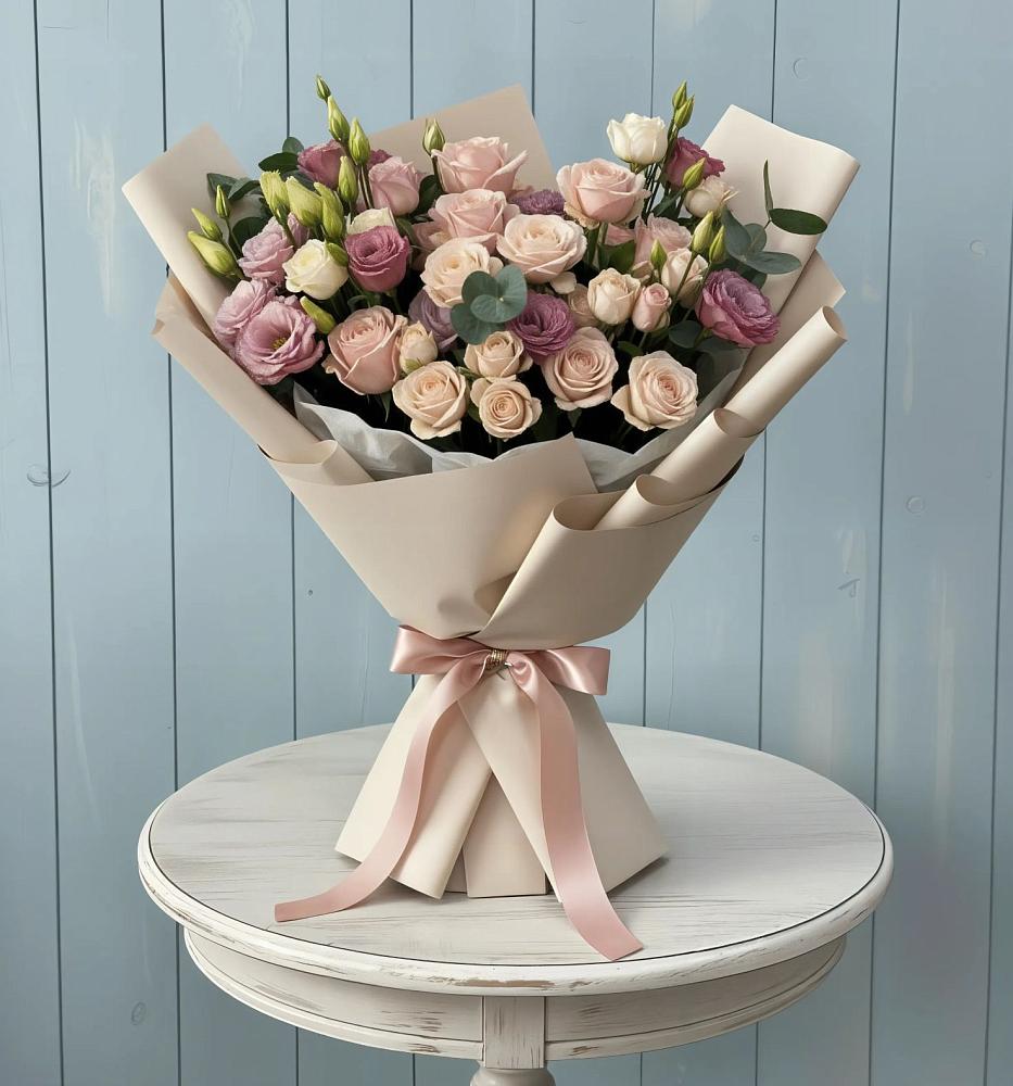 Букет цветов из: Розы и Лизиантусы в Елизаветинской Краснодарского края