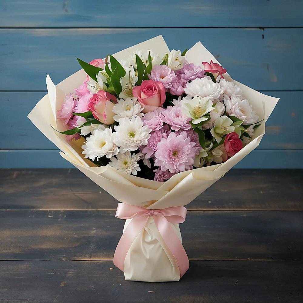 Букет цветов из: Хризантемы, Альстромерии и Розы в Елизаветинской Краснодарского края